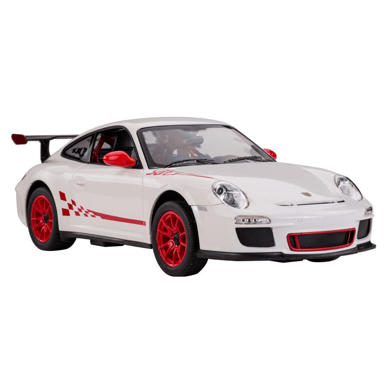 Rastar 1:14 Porsche 911 GT3 RS RC car in white with red GT3 RS graphics and red wheels, photographed from a left front three-quarter angle showing the front headlights, wide body, and large rear wing.