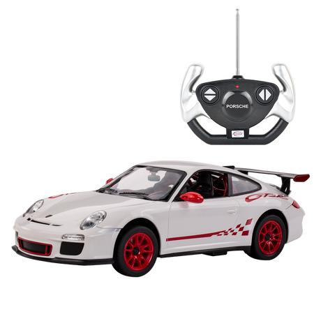 Rastar 1:14 Porsche 911 GT3 RS RC car in white with red GT3 RS race graphics and red alloy wheels, shown from a front three-quarter angle alongside the Porsche-branded steering-wheel remote controller displayed above.