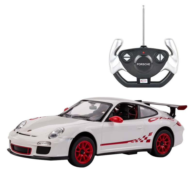 Rastar 1:14 Porsche 911 GT3 RS RC car in white with red GT3 RS race graphics and red alloy wheels, shown from a front three-quarter angle alongside the Porsche-branded steering-wheel remote controller displayed above.