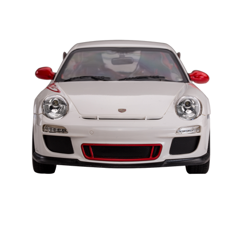 Rastar 1:14 Porsche 911 GT3 RS RC car in white with red accents, photographed straight from the front showing the Porsche crest, LED-style front headlights, red lower air intake grille, and wide front splitter.