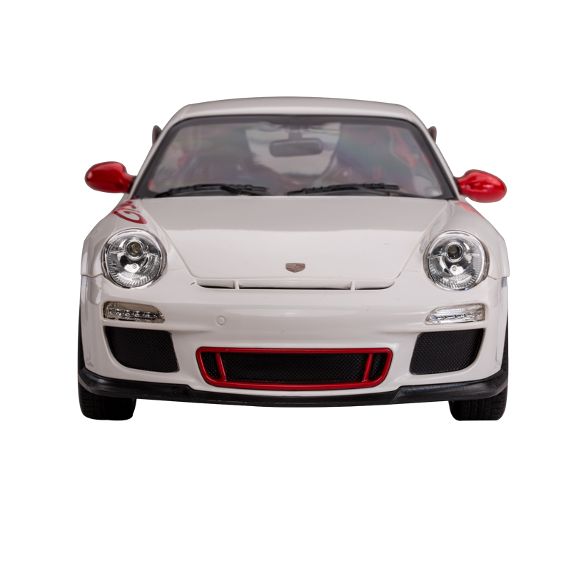 Rastar 1:14 Porsche 911 GT3 RS RC car in white with red accents, photographed straight from the front showing the Porsche crest, LED-style front headlights, red lower air intake grille, and wide front splitter.