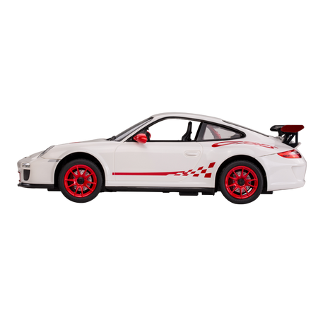 Rastar 1:14 Porsche 911 GT3 RS RC car in white with red GT3 RS side graphics and red alloy wheels, shown in a pure right side profile view highlighting the low-slung body, large rear wing, and chequered-flag race stripe graphics along the door sill.