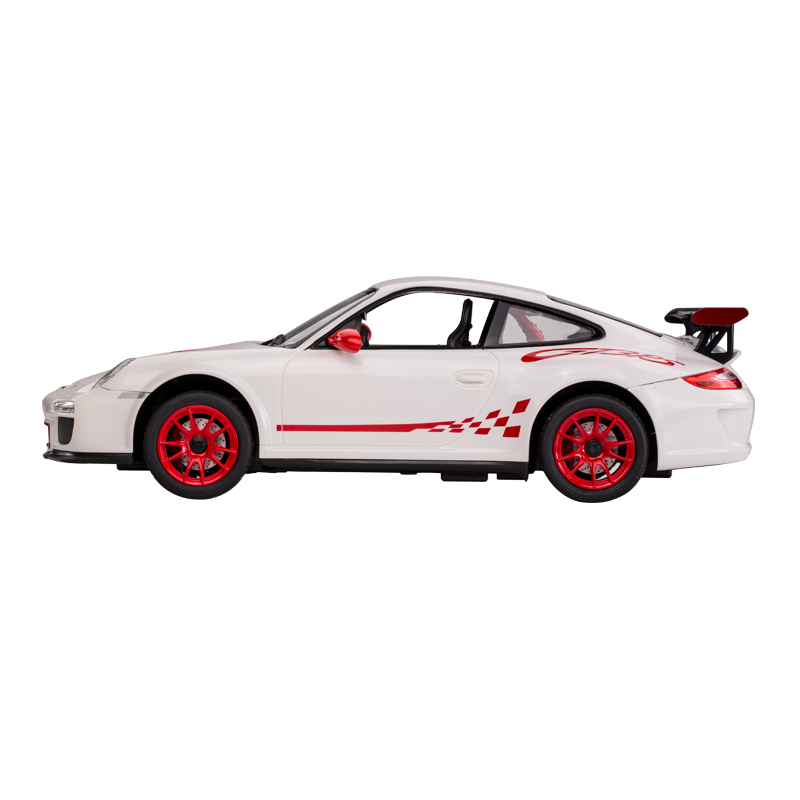 Rastar 1:14 Porsche 911 GT3 RS RC car in white with red GT3 RS side graphics and red alloy wheels, shown in a pure right side profile view highlighting the low-slung body, large rear wing, and chequered-flag race stripe graphics along the door sill.