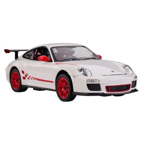 Rastar 1:14 Porsche 911 GT3 RS RC car in white with red GT3 RS graphics and red wheels, photographed from a left front three-quarter angle showing the front headlights, wide body, and large rear wing.