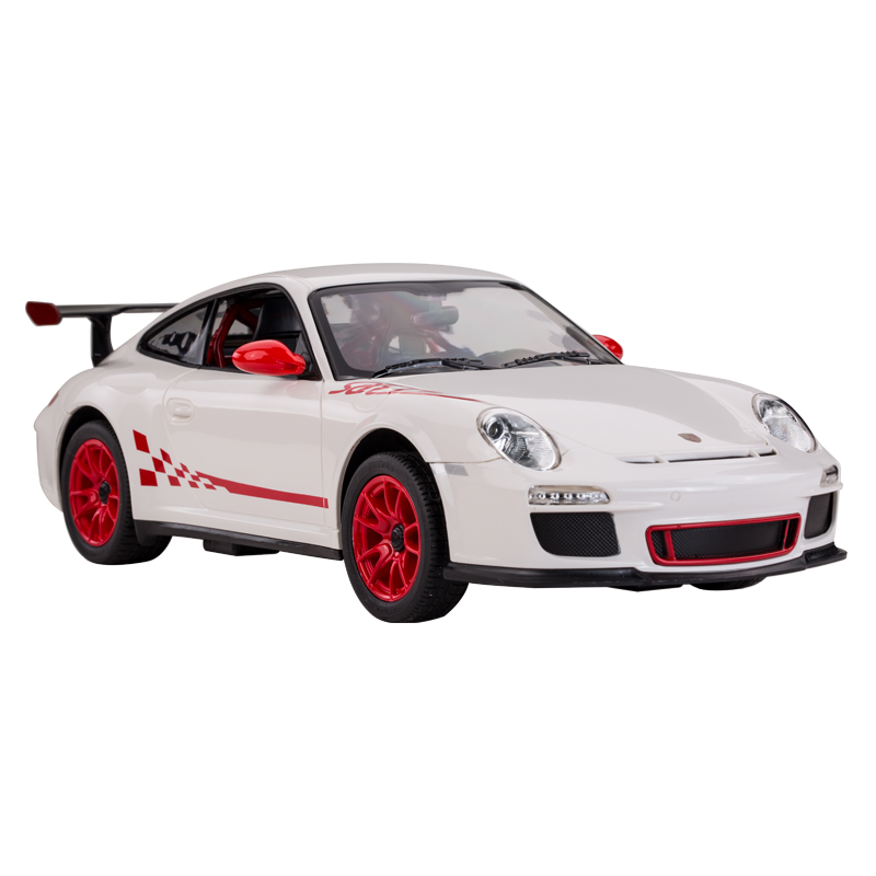 Rastar 1:14 Porsche 911 GT3 RS RC car in white with red GT3 RS graphics and red wheels, photographed from a left front three-quarter angle showing the front headlights, wide body, and large rear wing.