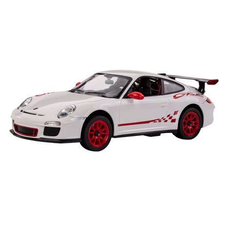 Rastar 1:14 Porsche 911 GT3 RS RC car in white with red GT3 RS racing graphics and red alloy wheels, shown from a right front three-quarter angle emphasising the GT3 RS door stripe, rear wing, and injection-moulded body detail.
