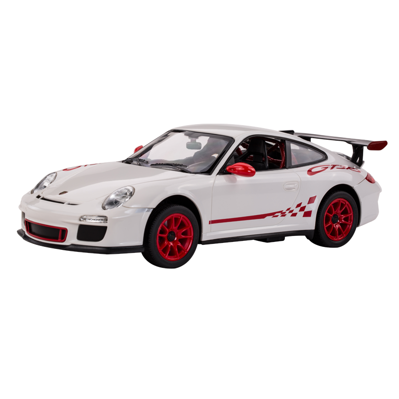 Rastar 1:14 Porsche 911 GT3 RS RC car in white with red GT3 RS racing graphics and red alloy wheels, shown from a right front three-quarter angle emphasising the GT3 RS door stripe, rear wing, and injection-moulded body detail.
