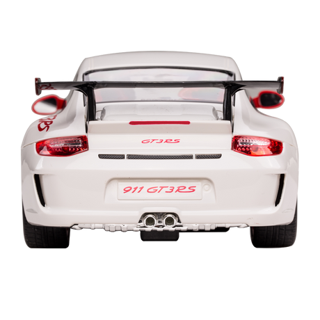 Rastar 1:14 Porsche 911 GT3 RS RC car in white with red accents, photographed from a straight rear angle showing the full-width rear wing, "GT3RS" badging on the engine lid, "911 GT3RS" licence plate, red tail lights, and dual exhaust pipes.