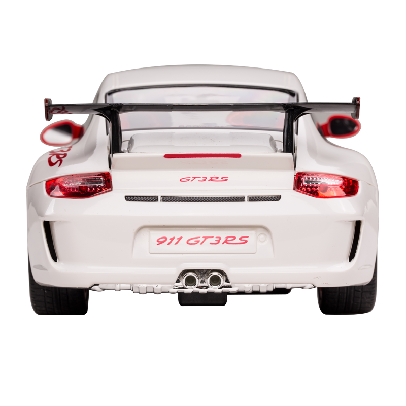 Rastar 1:14 Porsche 911 GT3 RS RC car in white with red accents, photographed from a straight rear angle showing the full-width rear wing, "GT3RS" badging on the engine lid, "911 GT3RS" licence plate, red tail lights, and dual exhaust pipes.