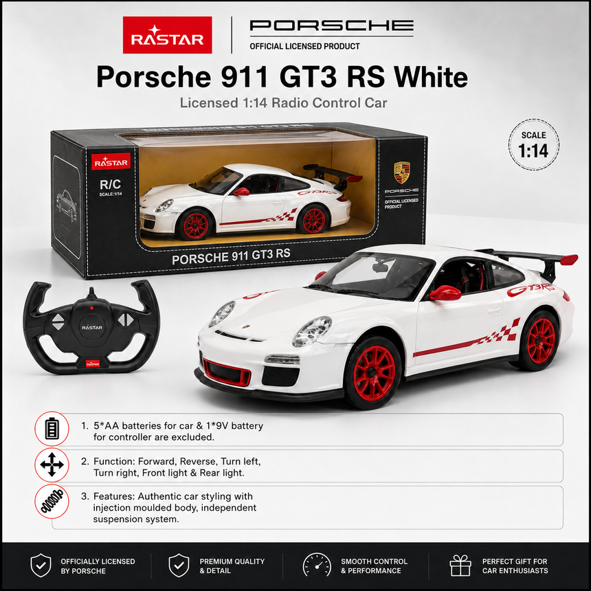 Product information image for the Rastar Porsche 911 GT3 RS White Licensed 1:14 RC Car, showing the car alongside its retail box and steering-wheel controller, with listed features: 5×AA batteries for car and 1×9V for controller (excluded), forward/reverse/left/right/front light and rear light functions, authentic car styling with injection-moulded body and independent suspension; officially licensed by Porsche.