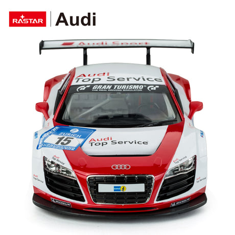 Rastar 1:14 Audi R8 LMS Performance RC car in red and white "Audi Top Service" #15 race livery, shot straight from the front showing the Audi four-ring grille badge, LED-style headlights, carbon-look front splitter, #15 Zurich race plate, and full-width "Audi Sport" rear wing above.