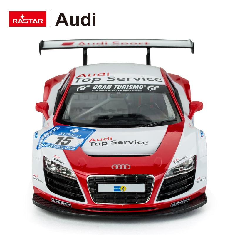 Rastar 1:14 Audi R8 LMS Performance RC car in red and white "Audi Top Service" #15 race livery, shot straight from the front showing the Audi four-ring grille badge, LED-style headlights, carbon-look front splitter, #15 Zurich race plate, and full-width "Audi Sport" rear wing above.