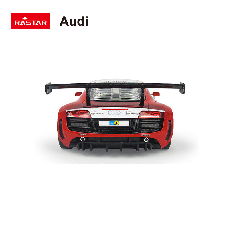 Rastar 1:14 Audi R8 LMS Performance RC car in red and white #15 "Audi Top Service" race livery, photographed from a straight rear angle revealing the full-width rear diffuser, twin exhaust outlets, "Audi Top Service" rear panel badging, and Audi four-ring logo on the large rear wing end plates.
