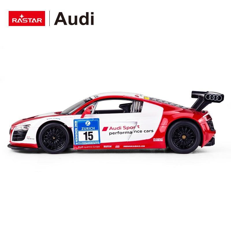 Rastar 1:14 Audi R8 LMS Performance RC car in red and white #15 "Audi Sport performance cars" Nurburgring race livery, shown in a pure right side profile view displaying the complete side graphics including race number, ADAC Nordrhein, Audi quattro GmbH, Bilstein, and Rennkasko.de sponsor decals, plus the tall rear wing.