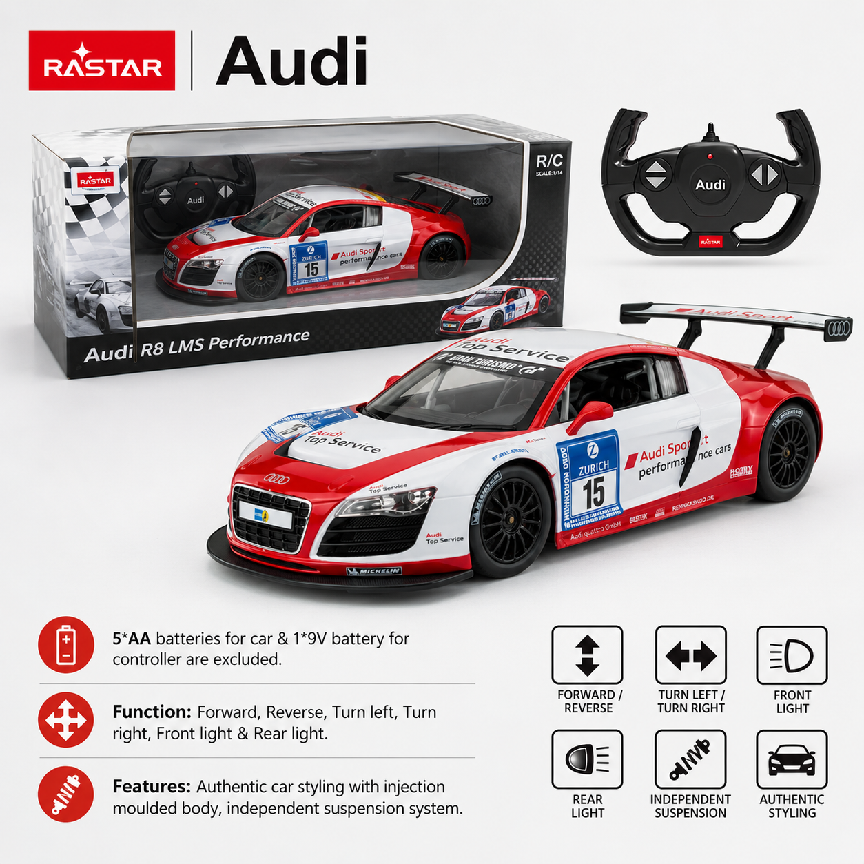 Product information image for the Rastar Audi R8 LMS Performance 1:14 RC car, showing the car in red and white #15 race livery with its retail box and Audi steering-wheel controller, with key specs listed: 5×AA batteries for car and 1×9V for controller (excluded), forward/reverse/turn left/turn right/front light/rear light functions, independent suspension, and authentic injection-moulded car styling.