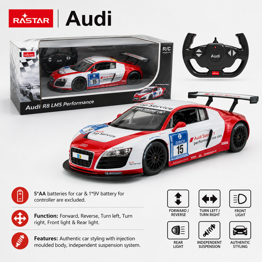 Product information image for the Rastar Audi R8 LMS Performance 1:14 RC car, showing the car in red and white #15 race livery with its retail box and Audi steering-wheel controller, with key specs listed: 5×AA batteries for car and 1×9V for controller (excluded), forward/reverse/turn left/turn right/front light/rear light functions, independent suspension, and authentic injection-moulded car styling.