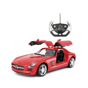 Rastar 1:14 Mercedes-Benz SLS AMG RC car in red shown in front 3/4 view with iconic gullwing doors open, displayed alongside its steering-wheel-style remote controller with antenna.