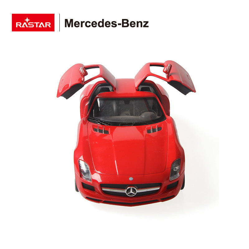 Rastar Mercedes-Benz SLS AMG 1:14 RC car in red photographed from directly front-on with both gullwing doors fully open, showing the detailed interior cabin; Rastar and Mercedes-Benz branding visible in the corner.