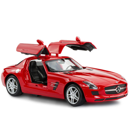 Rastar 1:14 Mercedes-Benz SLS AMG RC car in red shown in rear 3/4 view with both gullwing doors open, revealing the detailed black interior and AMG 6.3 badge on the door sill.