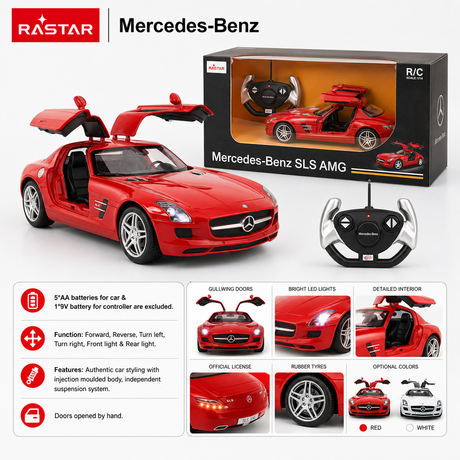 Product infographic for the Rastar 1:14 Mercedes-Benz SLS AMG RC car showing the red car and retail box alongside the remote controller, with feature callouts for gullwing doors, bright LED lights, detailed interior, official license, rubber tyres, and available colours (red and white).