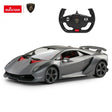 Rastar 1:14 Lamborghini Sesto Elemento RC car in matte grey with red interior accents shown in front 3/4 view alongside the Lamborghini-branded steering-wheel-style remote controller.