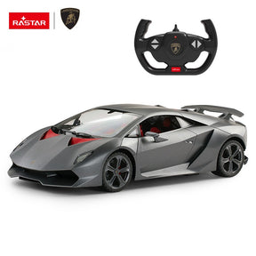 Rastar 1:14 Lamborghini Sesto Elemento RC car in matte grey with red interior accents shown in front 3/4 view alongside the Lamborghini-branded steering-wheel-style remote controller.