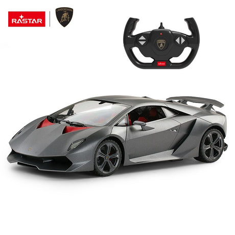 Rastar 1:14 Lamborghini Sesto Elemento RC car in matte grey with red interior accents shown in front 3/4 view alongside the Lamborghini-branded steering-wheel-style remote controller.