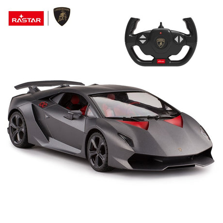 Rastar 1:14 Lamborghini Sesto Elemento RC car in matte grey displayed in rear 3/4 view with prominent rear wing and red interior visible through the panoramic roof, shown with its Lamborghini-branded controller.