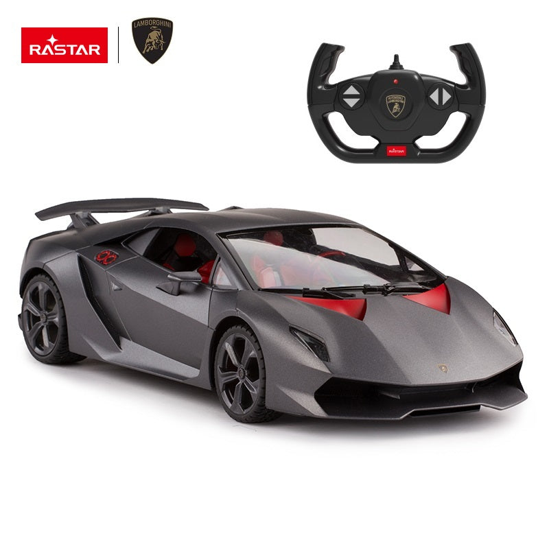 Rastar 1:14 Lamborghini Sesto Elemento RC car in matte grey displayed in rear 3/4 view with prominent rear wing and red interior visible through the panoramic roof, shown with its Lamborghini-branded controller.