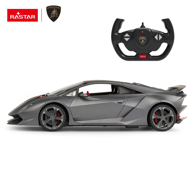 Rastar 1:14 Lamborghini Sesto Elemento RC car in matte grey photographed in full side profile view showing the dramatic low-slung bodywork, red brake calipers, and rear spoiler, with controller shown above.