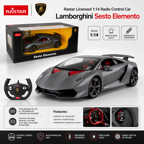 Product infographic for the Rastar Licensed 1:14 Lamborghini Sesto Elemento RC car showing the retail box, the matte grey car, and the remote controller, with feature icons for 1:14 scale, front and rear LED lights, and independent suspension, plus battery requirements (5 AA for car, 1 9V for controller).