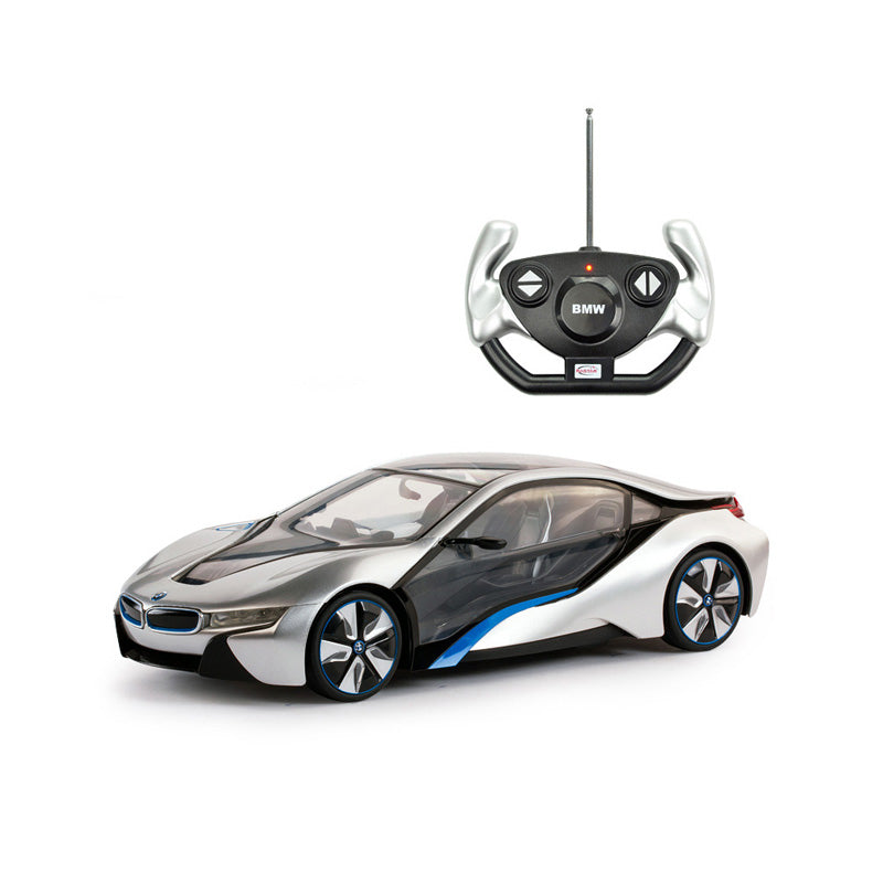 Rastar 1:14 BMW i8 RC car in silver and black with blue accent trim shown in front 3/4 view alongside the BMW-branded steering-wheel-style remote controller with antenna.