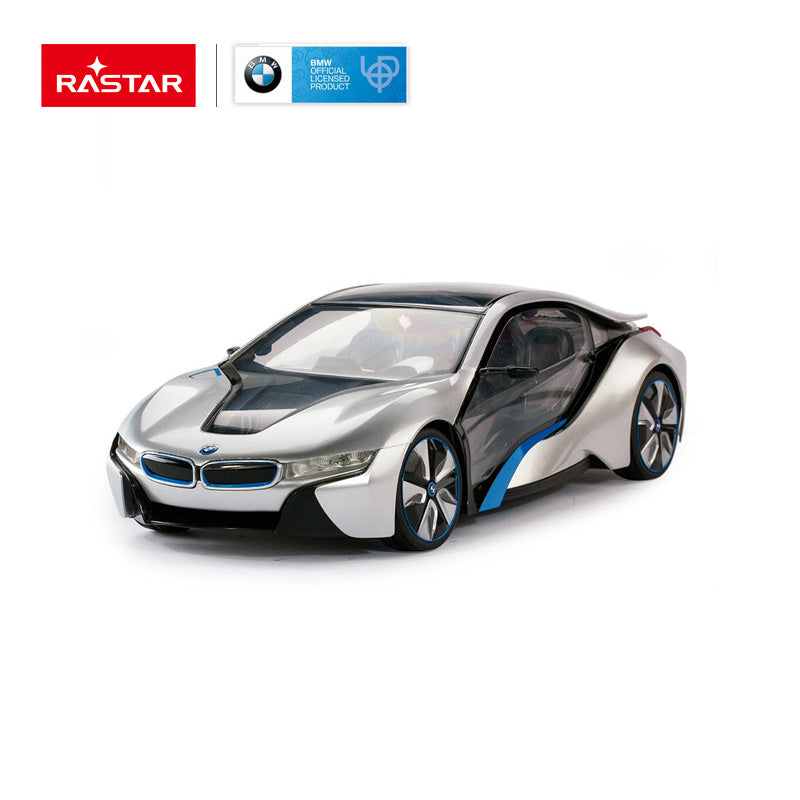 Rastar 1:14 BMW i8 RC car in silver and black with blue accents photographed in front 3/4 view on a white background, displaying the BMW Official Licensed Product badge and Rastar branding.