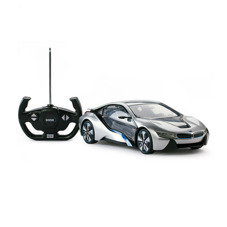 Rastar 1:14 BMW i8 RC car in silver and black with blue detailing shown alongside its BMW-branded controller in a side-by-side product shot, highlighting the iconic scissor-door design and futuristic bodywork.
