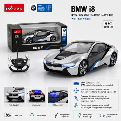 Product infographic for the Rastar 1:14 BMW i8 RC car with Interior Light, showing the retail box, the silver and black car with LED headlights and tail lights illuminated, the BMW-branded controller, and feature callouts for front light, rear light, and interior light, plus specifications for full-function control and independent suspension at 1:14 scale.