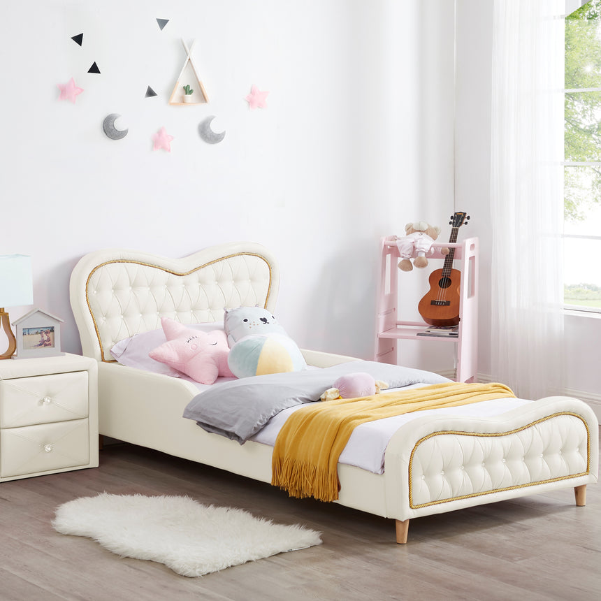 ALL 4 KIDS Brooklyn Heart PU Leather Single Upholstered Bed and Bedside Set- White