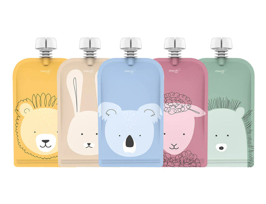 Cherub Baby On The Go Reusable Food Pouch150ml Animal 5pk