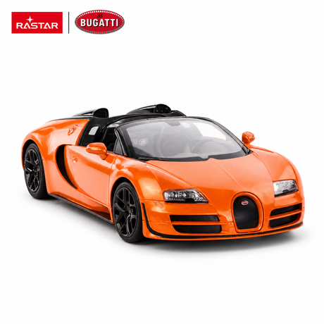 Rastar 1:14 Bugatti Grand Sport Vitesse RC car in orange shown from a rear 3/4 angle on a white background, with Rastar and Bugatti logos displayed above, highlighting the open roadster body and black alloy wheels.