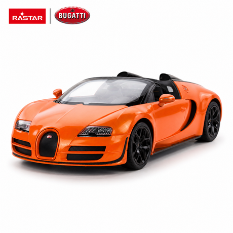 Rastar 1:14 Bugatti Grand Sport Vitesse RC car in orange photographed from a front 3/4 angle, showing the horseshoe grille with Bugatti badge, quad headlights, and open-top roadster profile with Rastar and Bugatti branding.