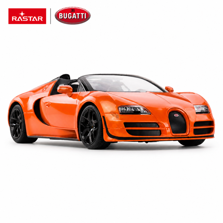 Rastar 1:14 Bugatti Grand Sport Vitesse RC car in orange shown from the passenger-side front 3/4 angle, displaying the sleek low-slung roadster body, black alloy wheels, and Bugatti badge on the front fascia.
