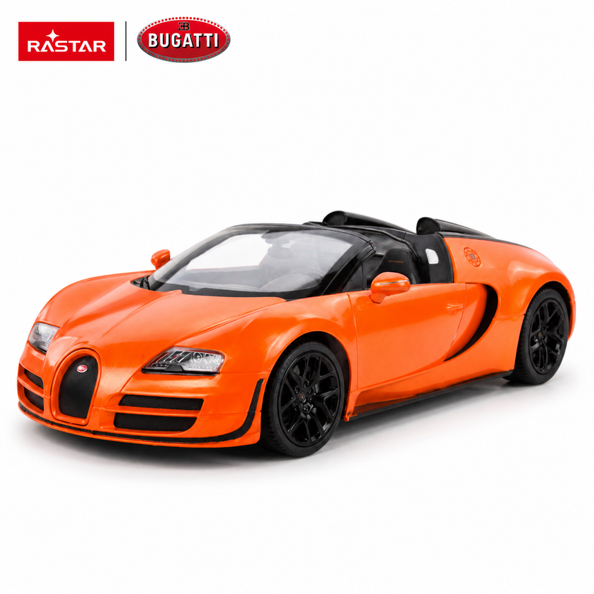 Rastar 1:14 Bugatti Grand Sport Vitesse RC car in orange photographed from the driver-side rear 3/4 angle, revealing the open cockpit, smooth orange flanks, and black multi-spoke alloy wheels.