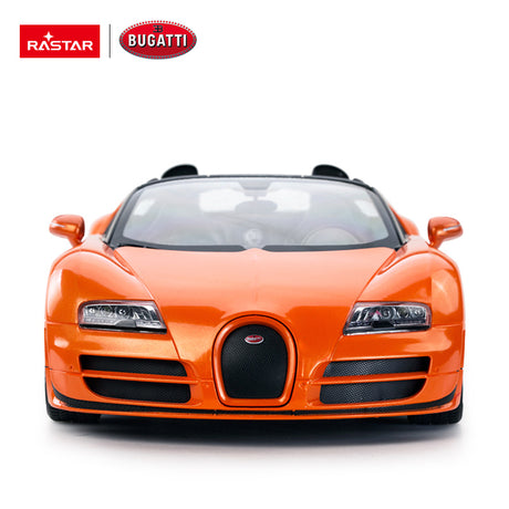 Rastar 1:14 Bugatti Grand Sport Vitesse RC car in orange photographed front-on, showing the iconic horseshoe grille with Bugatti badge, round headlights, and bold orange bodywork with Rastar and Bugatti logos above.