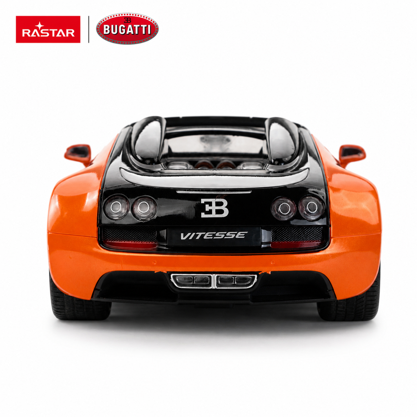 Rastar 1:14 Bugatti Grand Sport Vitesse RC car in orange photographed from directly behind, showing the Bugatti "EB" logo, "VITESSE" nameplate, and quad exhaust outlets with the black rear panel contrasting the orange lower bumper.