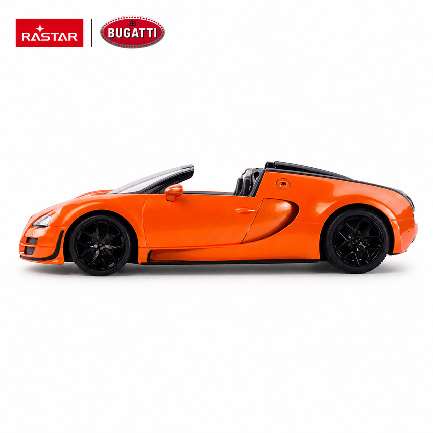 Rastar 1:14 Bugatti Grand Sport Vitesse RC car in orange shown in a right side profile view, displaying the full roadster body length, open cockpit, and black multi-spoke alloy wheels with Rastar and Bugatti logos above.