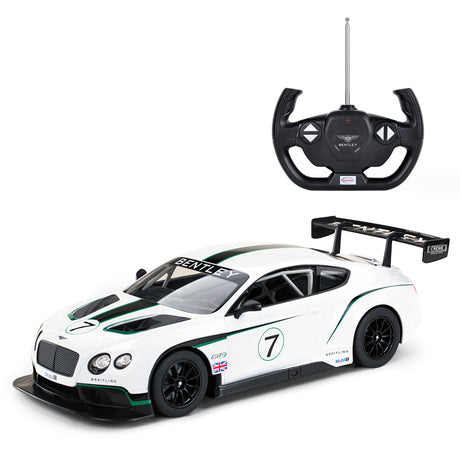 Rastar 1:14 Bentley Continental GT3 RC car in white with green racing livery and number 7, shown from a front 3/4 angle alongside the Bentley-branded steering wheel remote controller, with prominent rear wing and Breitling and Mobil 1 sponsor decals.