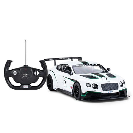 Rastar 1:14 Bentley Continental GT3 RC car in white with green racing stripes and number 7, photographed from a rear 3/4 angle alongside the Bentley-branded steering wheel remote controller, showing the large rear spoiler and GT3 race livery.