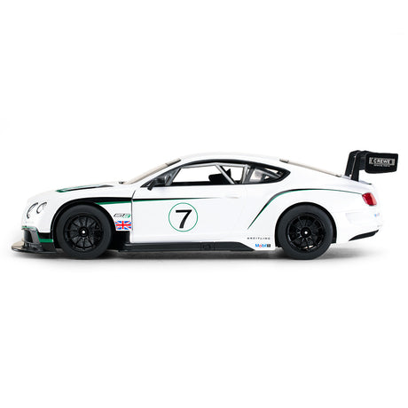 Rastar 1:14 Bentley Continental GT3 RC car in white with green racing livery and number 7 shown in a left side profile view, revealing the full GT3 race body, large rear wing with "CREWE" endplate, Union Jack flag, Breitling and Mobil 1 decals.