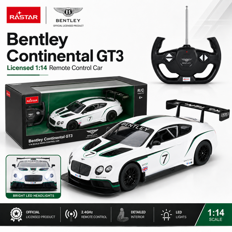Rastar 1:14 Bentley Continental GT3 product infographic showing the white RC car with green livery alongside its retail box and steering wheel controller, with feature icons highlighting the official licensed design, 2.4GHz remote control, detailed interior, LED lights, and 1:14 scale.