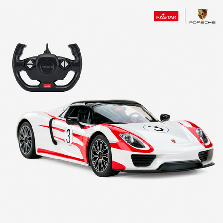 Rastar 1:14 Porsche 918 Spyder Performance RC car in white with red number 3 racing livery, shown in front 3/4 view alongside the Porsche-branded steering wheel remote controller, with Rastar and Porsche logos in the top-right corner.