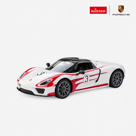 Rastar 1:14 Porsche 918 Spyder Performance RC car in white with red number 3 race decals, photographed from a rear 3/4 elevated angle highlighting the roofline, side air intakes, and multi-spoke wheels.